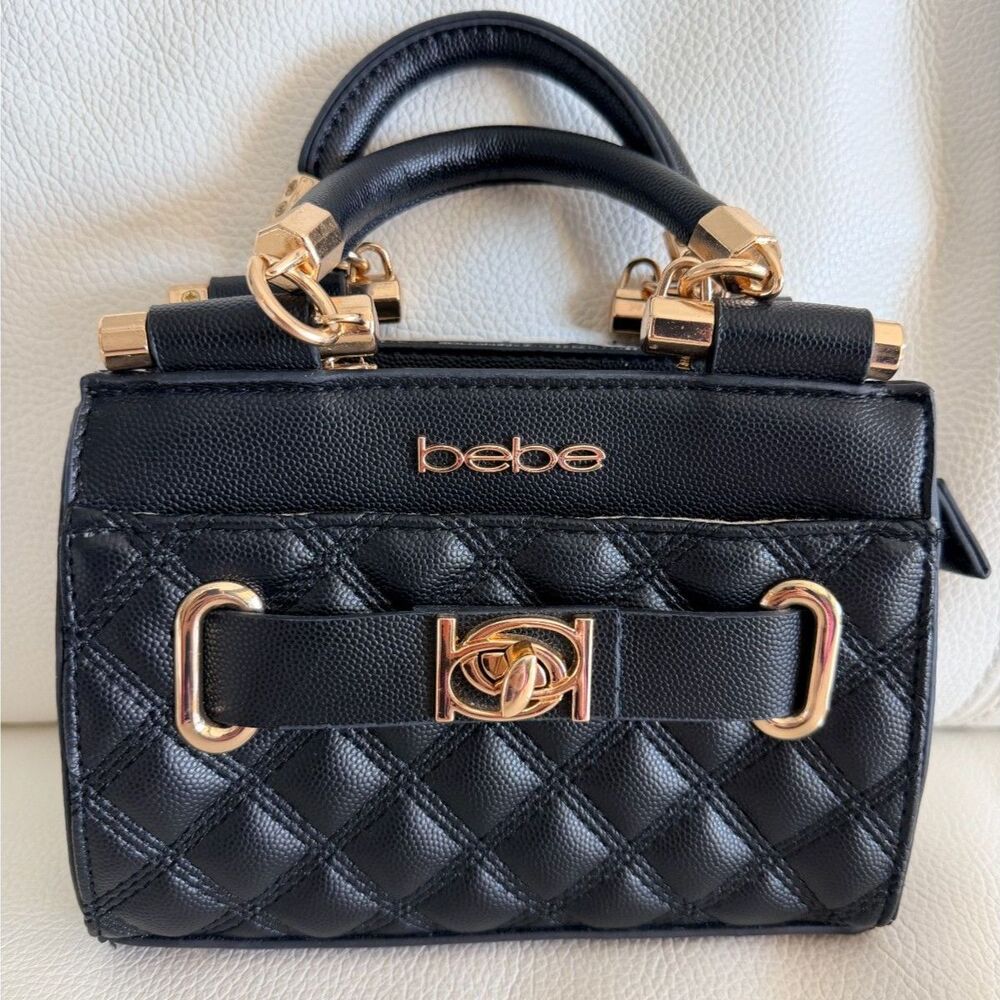 Bebe Alex Black quilted Small Satchel Luxury Top Handle Evening Bag MSRP $129